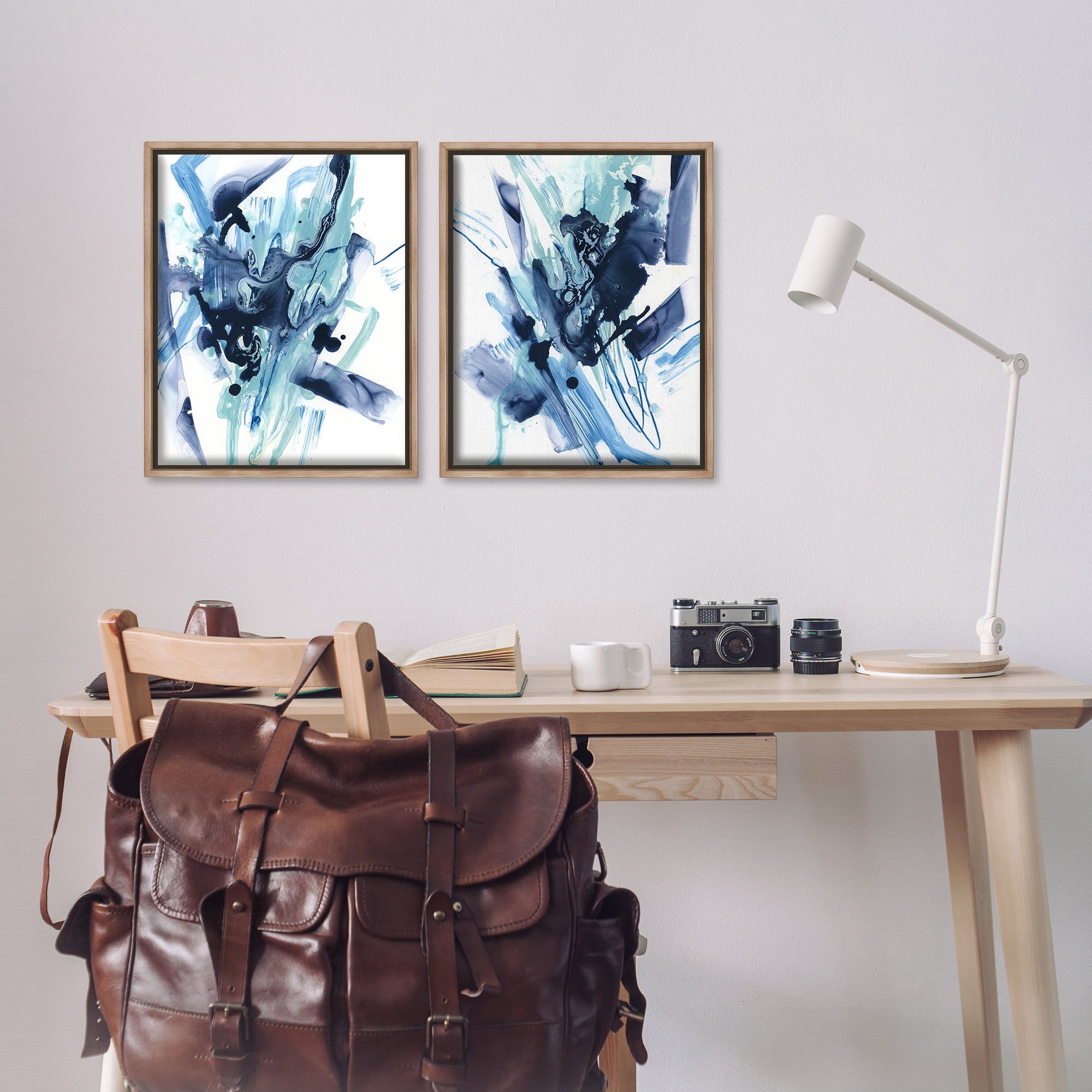 Stupell Industries Abstract Blue Splash Abstract Painting Brown Floater Framed Canvas Art Print Wall Art, 17 x 21, Set of 2