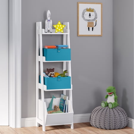 RiverRidge Home Kids 4-Tier 13in Ladder Shelf with Toy Organizer and 2pc Turquoise Bins