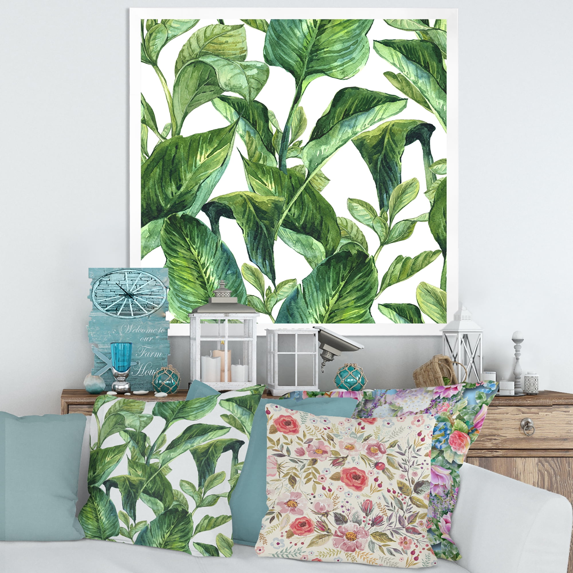 Designart 'Foliage Of Tropical Leaves On White' Tropical Framed Art Print