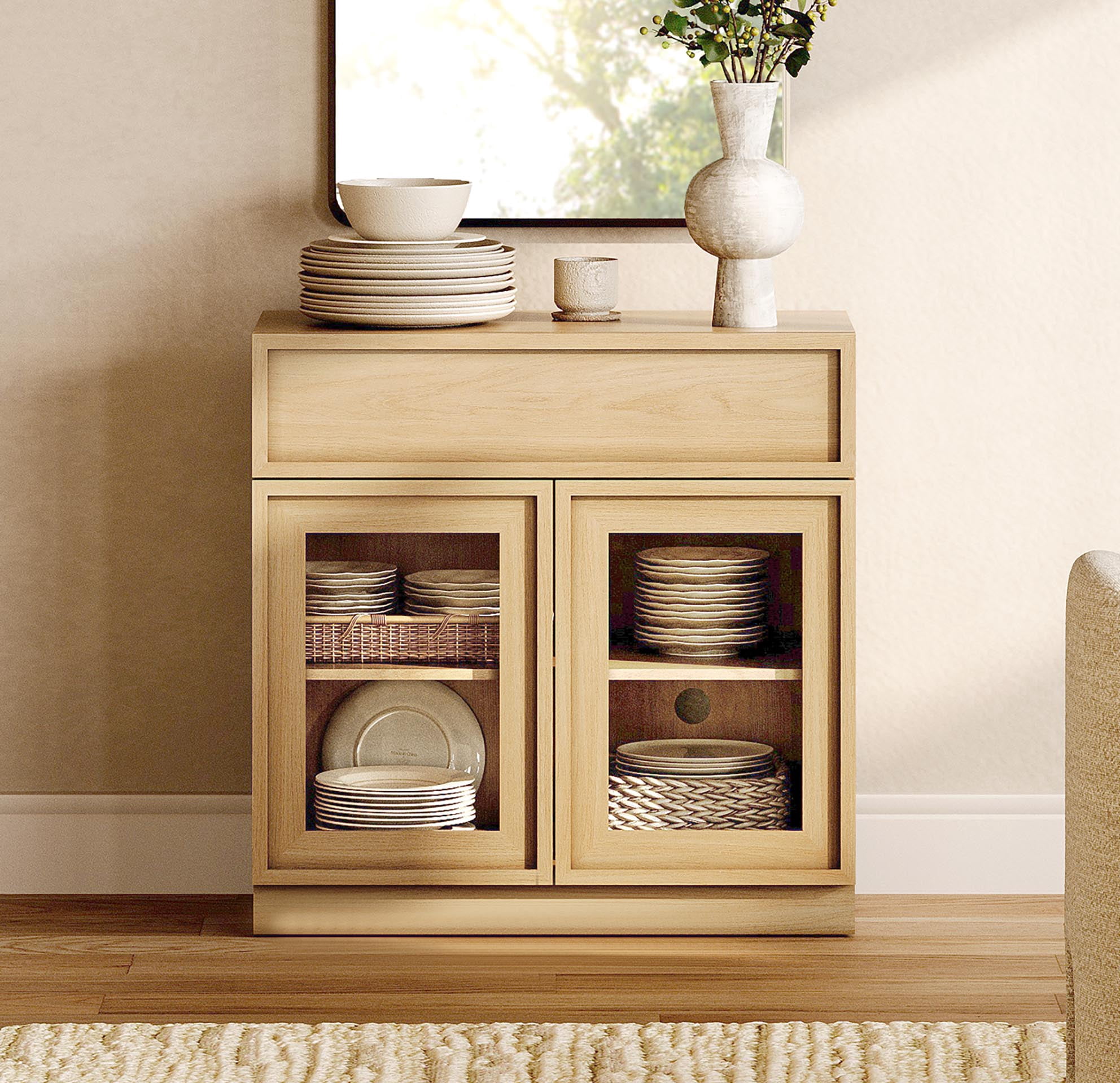 31.5" Modern Sideboard Buffet Cabinet with 2 Glass Doors and Drawer, Multifunctional Sideboard with Large Storage and Adjustable Shelf, Oak