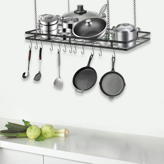31.5 Inches Ceiling Pot Rack and Pan Rack for Ceiling with 12 Hooks, Storage Rack Multi-Purpose Organizer for Kitchen Organization, Home, Restaurant, Kitchen Cookware