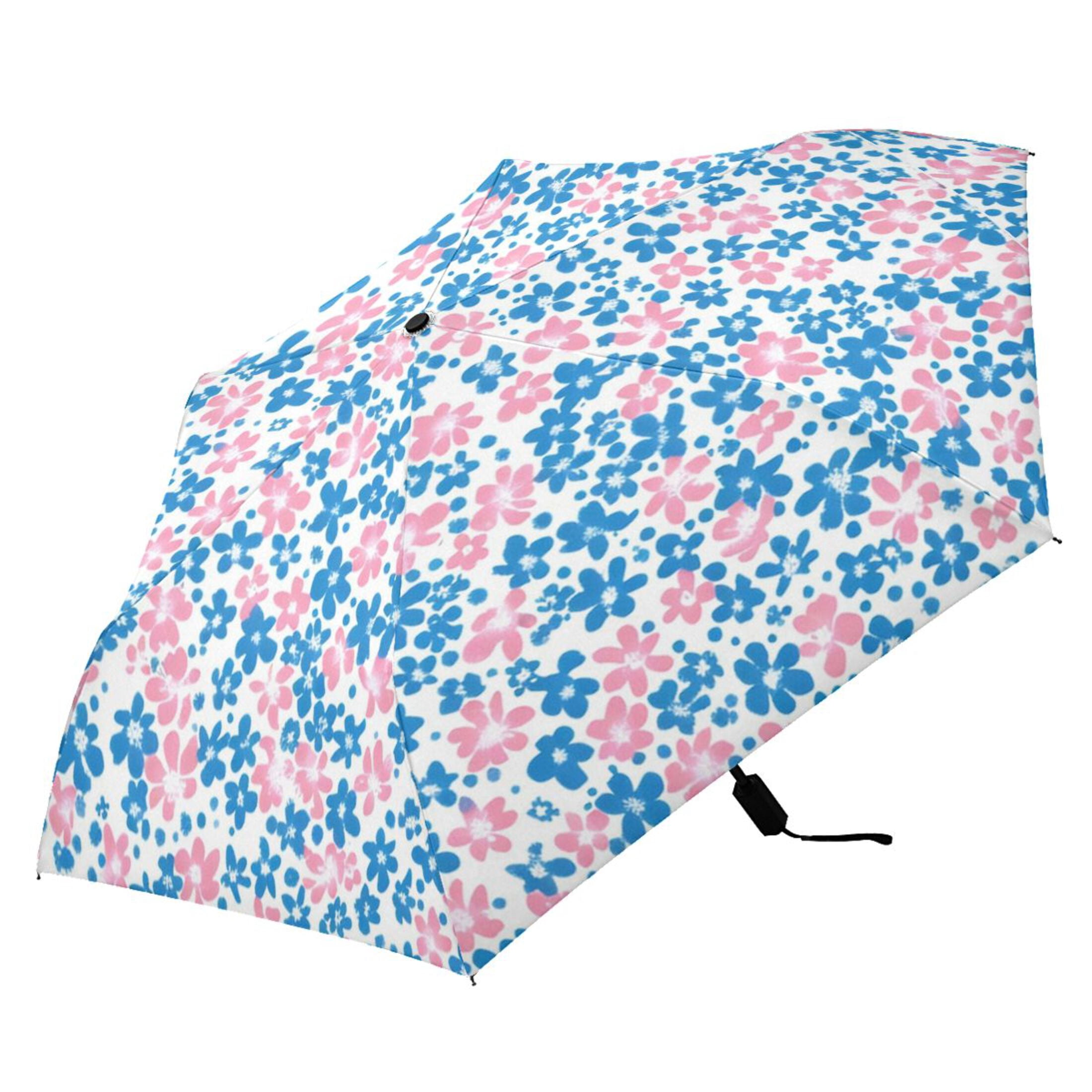 Blue and Pink Small Flowers Compact Sun Umbrella Windproof Travel Umbrellas for Rain Strong Portable UV Protection