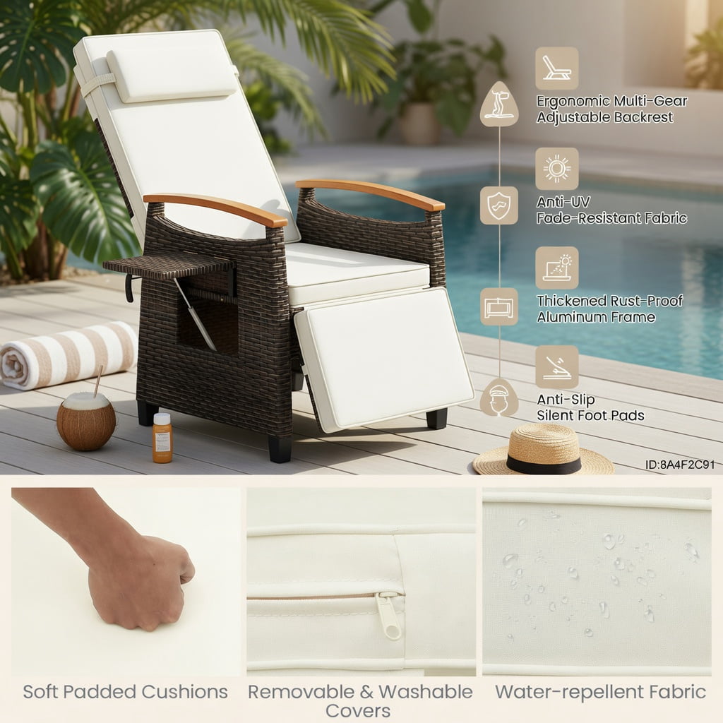 Hommoo Adjustable Outdoor Wicker Recliner Chair with Footrest & Removable Cushions, PE Rattan Patio Seating for Backyard, Porch, Balcony, White