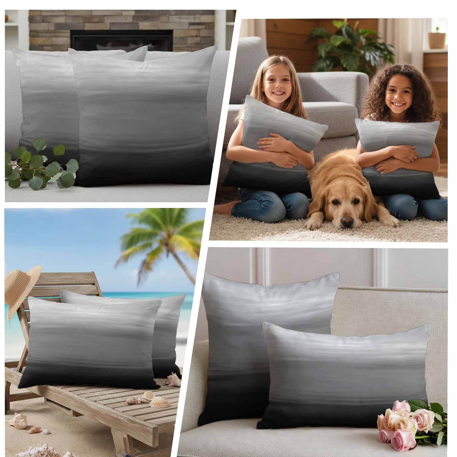 Black Grey Ombre Outdoor Waterproof Pillow Covers, Modern Abstract Art Texture Decorative Square Throw Pillowcase Sofa Cushion Sham for Patio/Couch/Chair, 16"x16" 2 Pack