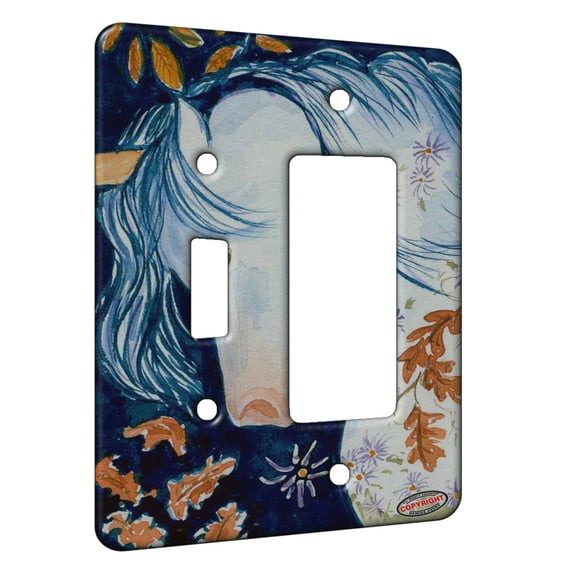 KuzmarK™ 2 Gang Single Toggle / Single Duplex Rocker Wall Plate - Unicorn in Autumn with Oak Leaves and Asters Fantasy Horse Art by Denise Every