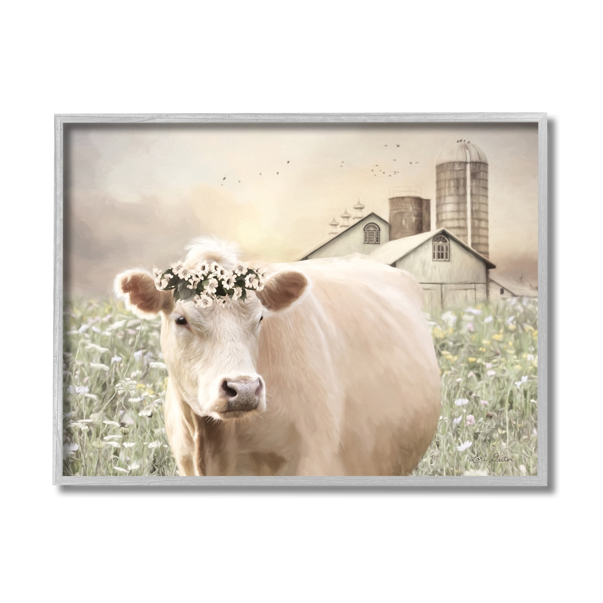 Stupell Industries Realistic Cow Floral Crown Tranquil Farm Field Graphic Art Gray Framed Art Print Wall Art, 16x20, by Lori Deiter