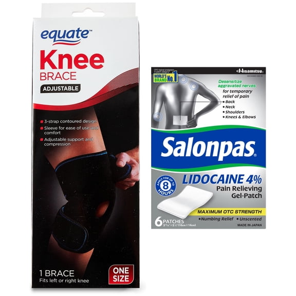 Equate Adjustable Knee Brace and Salonpas Lidocaine Pain Relieving Gel-Patch Bundle