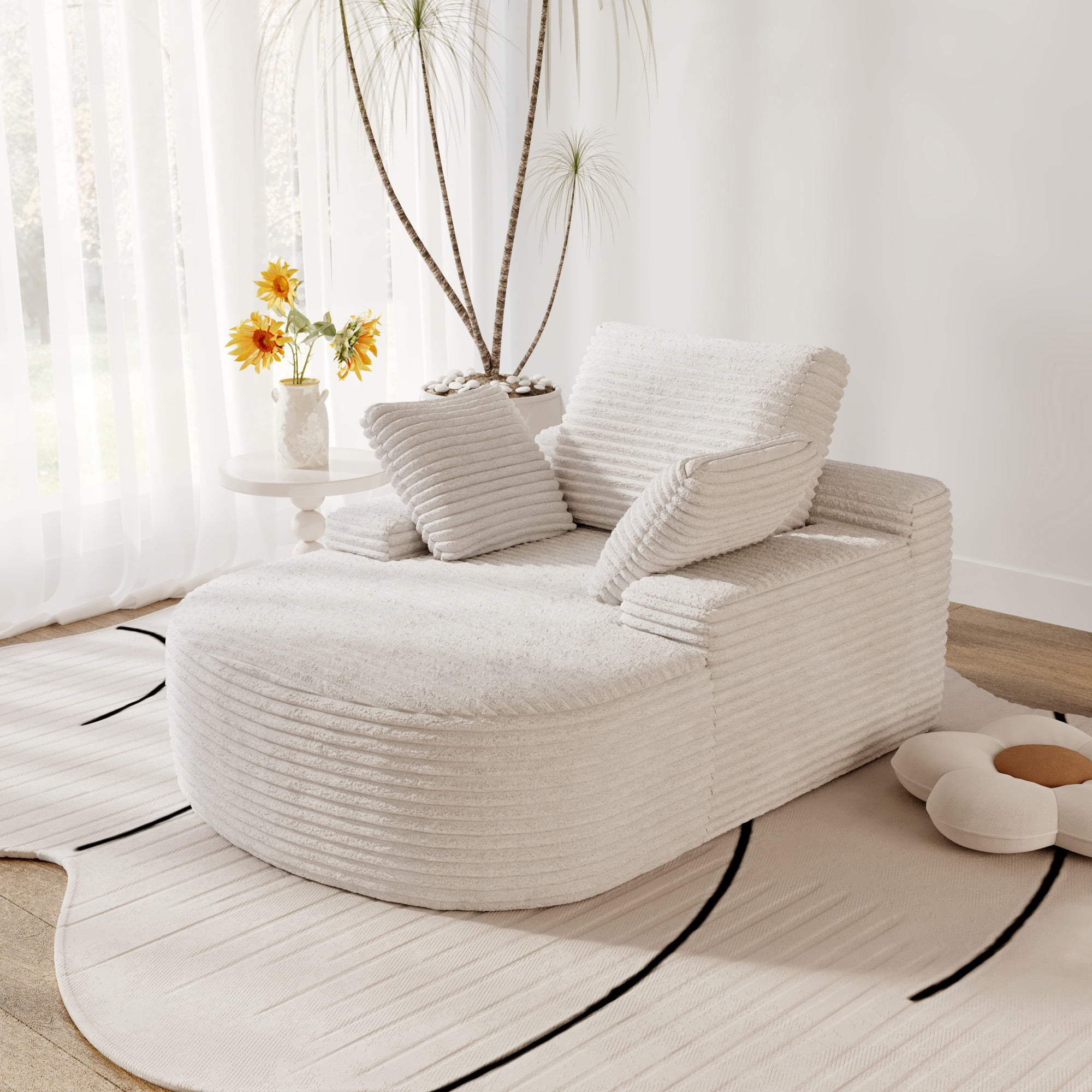 Magic Home Oversized Chaise Lounge Chair Indoor, Modern Deep Seat Sofa with Back Cushion, Pillows, Cloud Plush Corduroy Upholstered Sofa Bed, for Living Room,Bedroom,No Assembly Required, Beige Couch