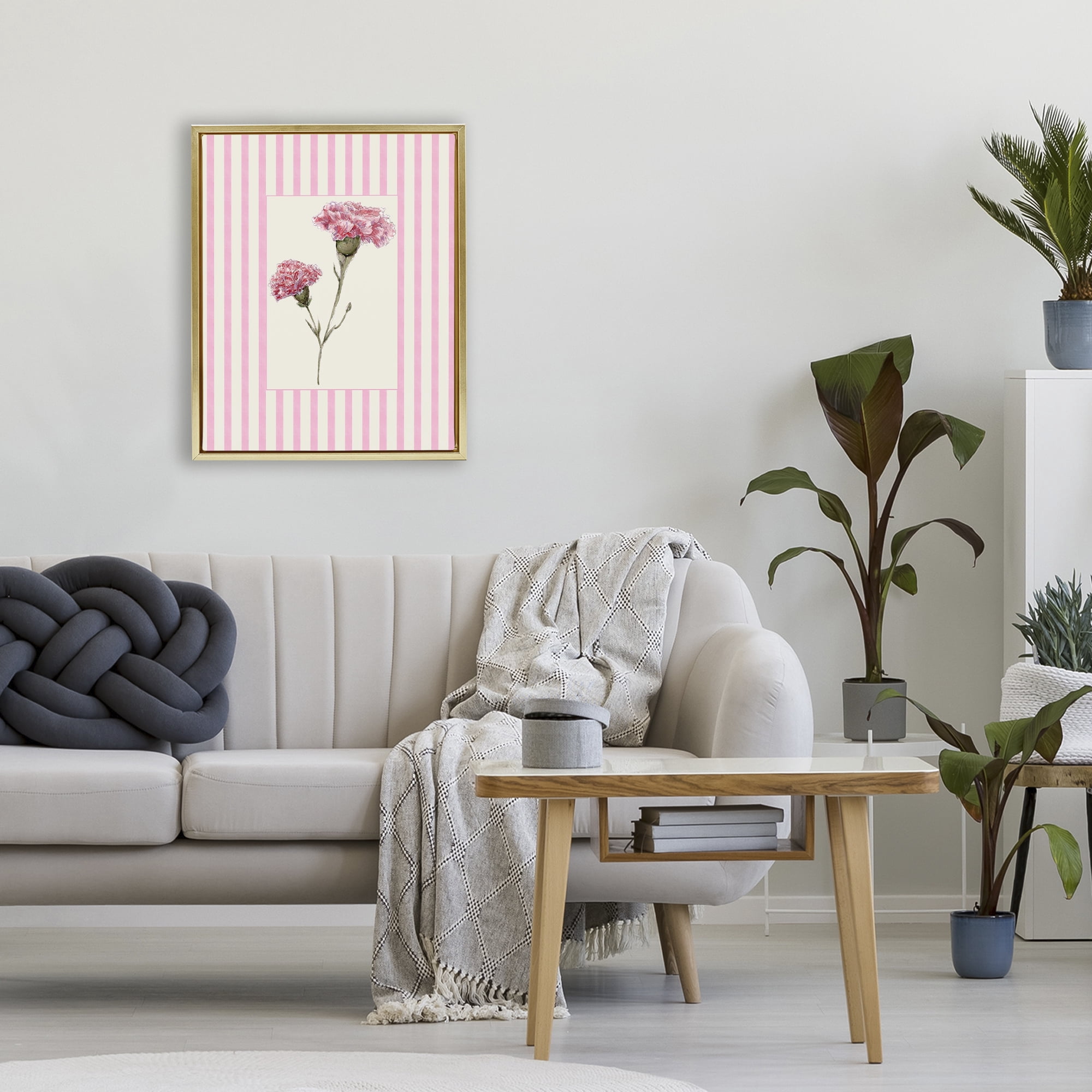 Pink Stripe Carnation Gold Framed Floater Canvas Wall Art, design by Lisa Wehmeyer