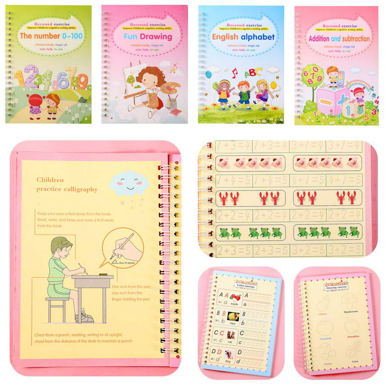 Notebooks 4 Pcs English Version of Children's Groove Calligraphy and Pen Control Training Calligraphy and Drawing Red Book Notebooks College Ruled Up
