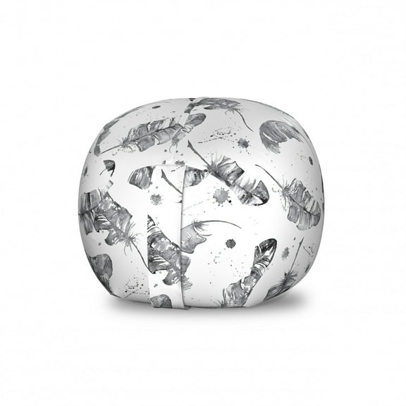 Feather Storage Toy Bag Chair, Style Quills in Watercolor Style Greyscale Tones Grunge Paint Splashes, Stuffed Animal Organizer Washable Bag, Small Size, Dark Grey and White, by Ambesonne