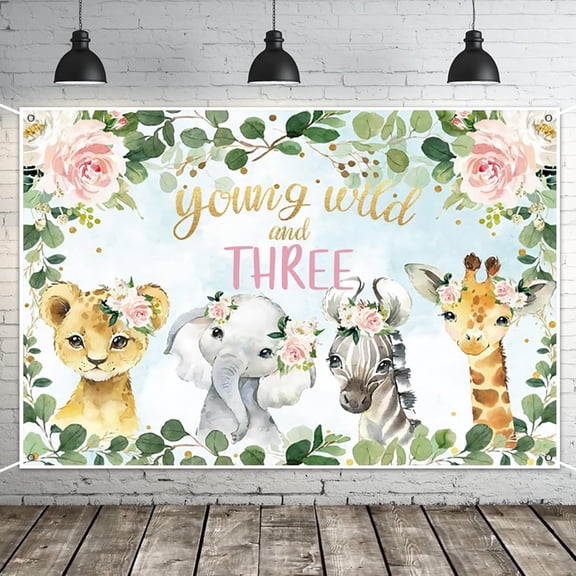 Young Wild and Three Birthday Backdrop Jungle Forest Animal Tropical Leaves Photography Background for Boys Girls Birthday Baby Shower Party Decorations Banner Photo Booth Props