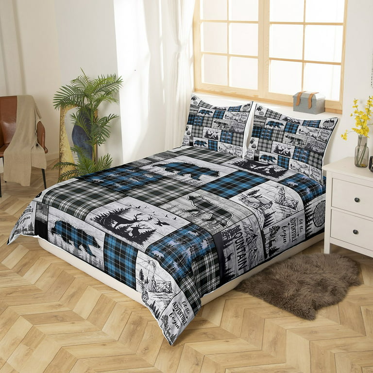 Hunting Wolf Bear Deer Bedding Set For Kids Boys Retro Blue Black Grey Plaid  Buffalo Plaid Lodge Comforter Cover Queen Rustic Farmhouse Cabin Duvet  Cover Woodland Animal Bed Set 2 Pillow Cases 