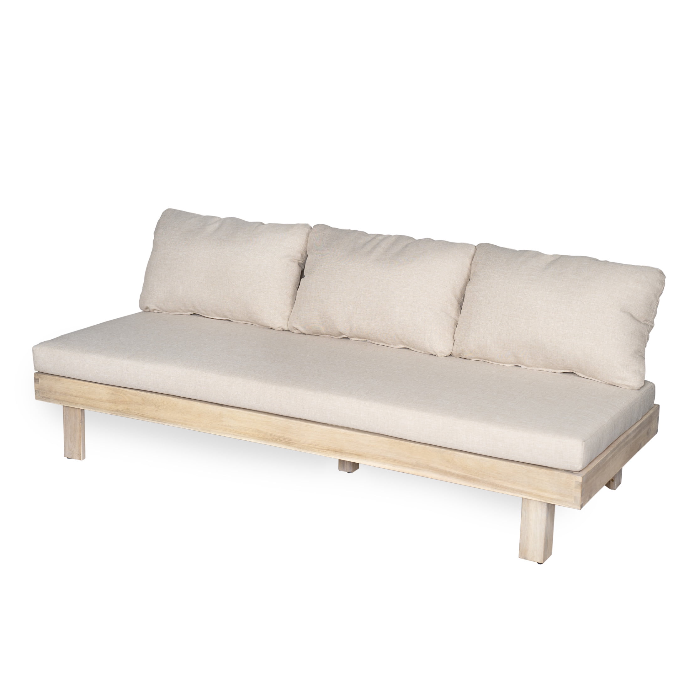 Christopher Knight Home 70.8" Outdoor 3 Seater Sofa, Armless Wood Frame with Cushions, Light White+Sand