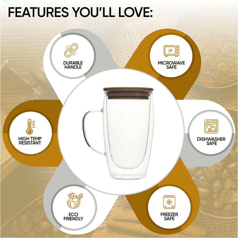 Chef's Unique Double Walled Glass Coffee Mugs 16 oz , Insulated Coffee Mugs with Handle and Bamboo Lid , Clear Glass Cups for Coffee Tea , Clear