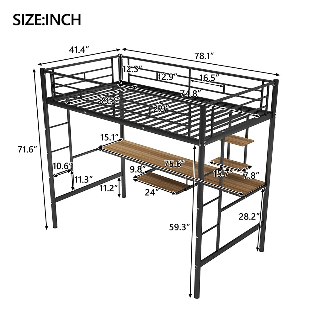Kadyn Loft Bed with Desk and Shelf , Metal Bed Space Saving Design,Twin Kadyn Loft Bed with Desk and Shelf , Metal Bed Space Saving Design,Twin