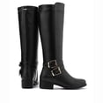 thumbnail image 2 of Bottes Plates pour Femmes Hauteur Genou Bout Rond Fermeture Éclair avec Doublure en Fourrure, Cuir Mat Talon Bas Bloc Style Western Bottes Hautes Boucle Style Cowboy Mode Chaudes pour Chaussures d'Hiver pour Femmes Filles, 2 of 6