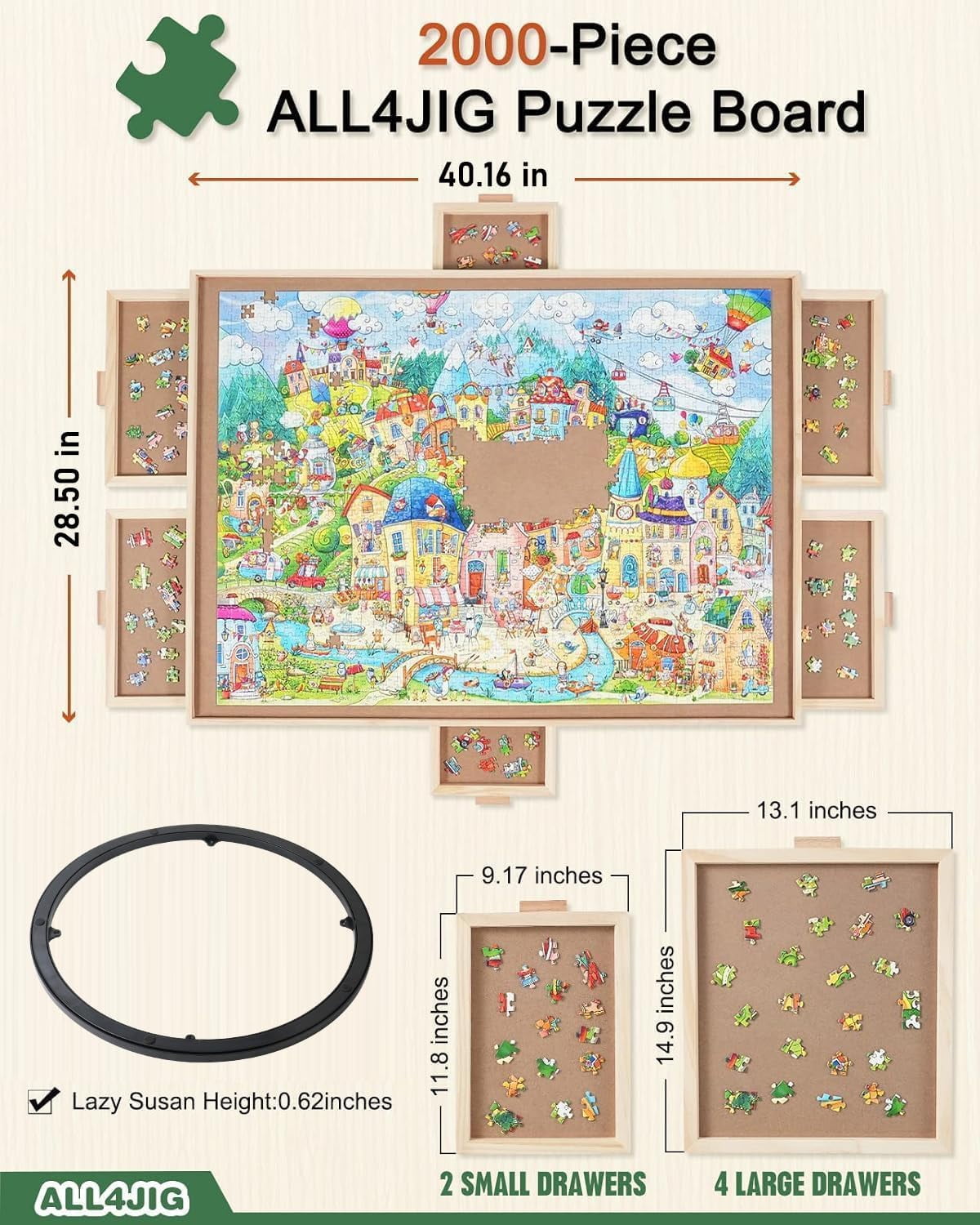 2000 Pieces Rotating Puzzle Board with 6 Drawers and Cover,28"x40"Portable Wooden Jigsaw Puzzle Table for Adults,Lazy Susan Spinning Puzzle Boards Birthday Gift for mom