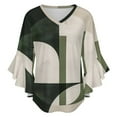 thumbnail image 5 of Sage Green Geometric Green Modern Abstract Women's V-Neck Blouse With 3/4 Ruffled Bell Sleeves Casual Top Ladies Blouses, 5 of 7