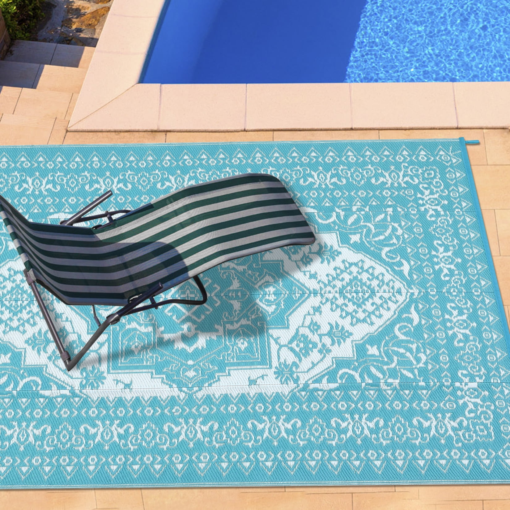 HIWEAVER 9' x 12' Light Blue Outdoor Rug PP Plastic Straw Woven Waterproof Patio Rug with Border Portable Outside Carpet for Balcony Deck Picnic Garden Decor