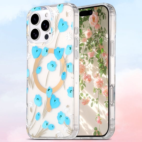 For iPhone 16 Pro Phone Case,Compatible With Mag-Safe,Elegant Colorful Floral Print Pattern,Transparent Back,PC TPU Hybrid Shockproof Anti-fall Non-Slip Drop Protection,Phone Case,E