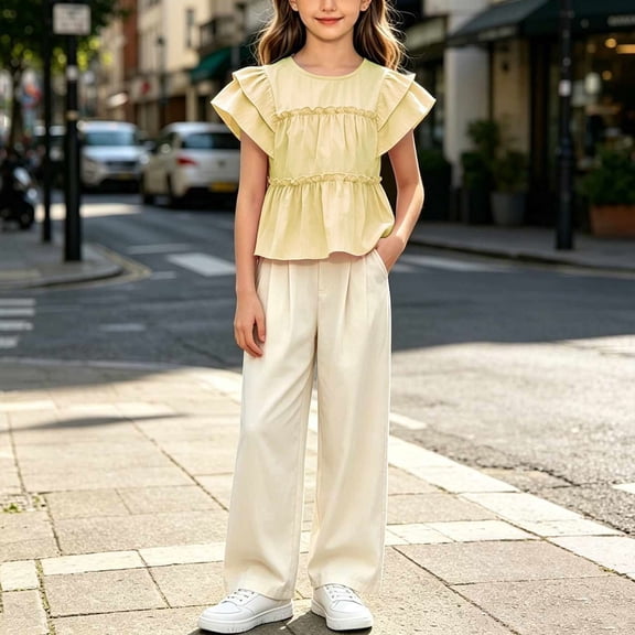 Amidoa Girls Summer Outfit Sets 2 Piece T-Shirt Short Sleeve and Casual Pants Set Kids Clothing Sets Yellow Size 8