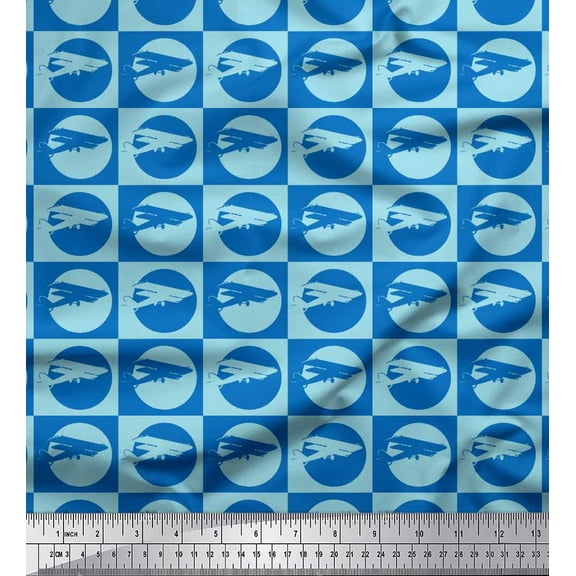 Soimoi Crepe Silk Fabric Circle & Airplane Transport Print Fabric by The Yard 42 Inch Wide