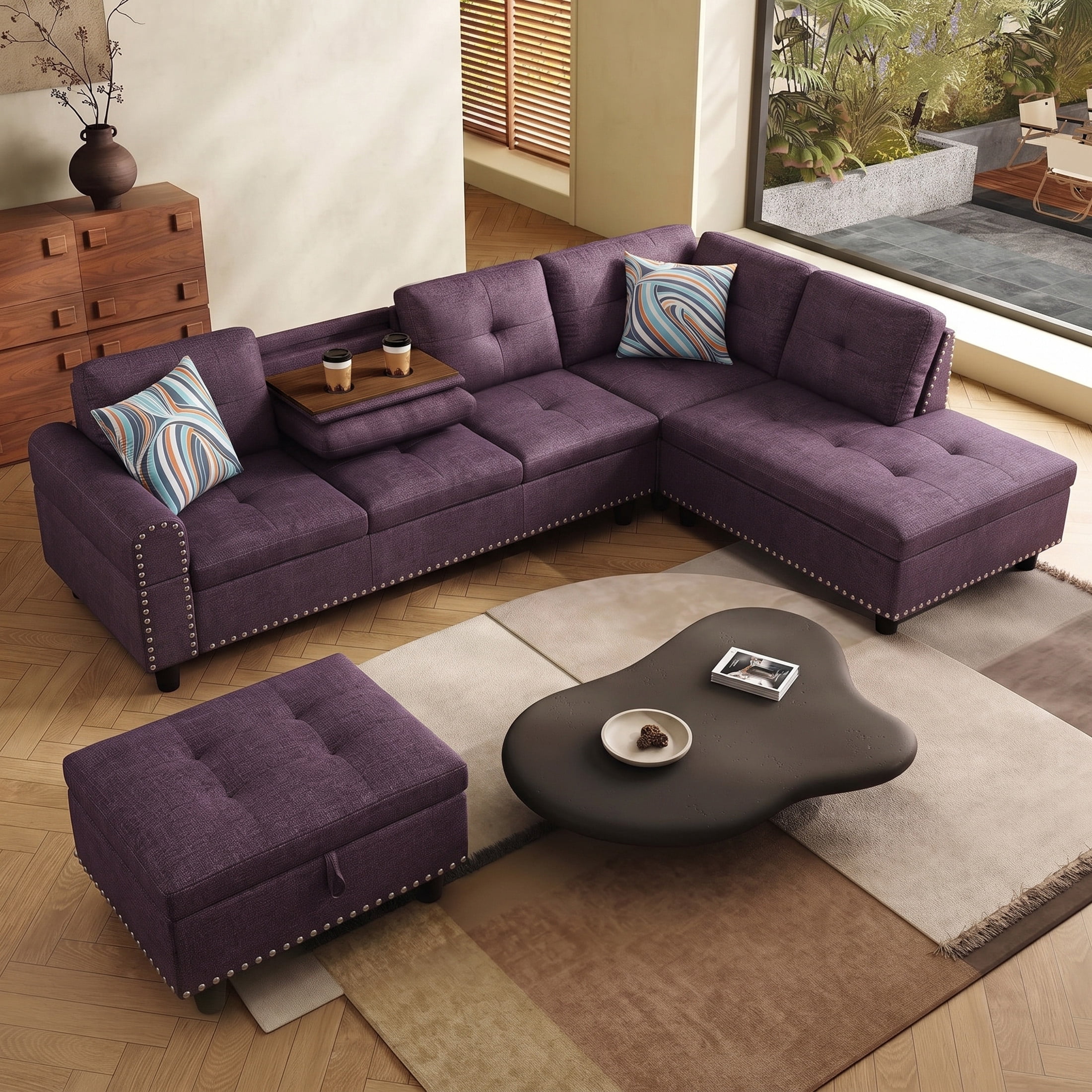 AENKYO 98" L-Shaped Sectional Sofa with Reversible Chaise, Storage Ottoman & Cup Holders, Linen, Purple