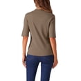 thumbnail image 3 of Camisetas de media manga INSPIRE CHIC para mujeres, blusa de cuello alto, blusas casuales, tops sólidos elásticos y suaves de longitud hasta el codo, color L Camel, 3 of 6