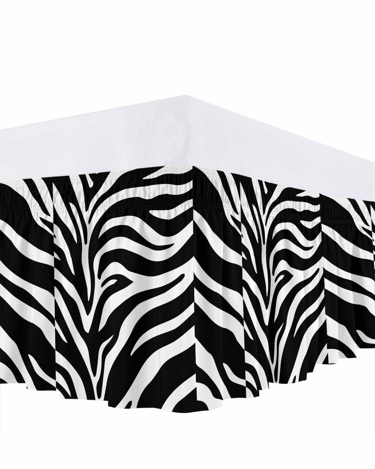 Abstract Tiger Print Bed Skirt Queen Size 18 Inch Drop, Black White Animal Fur Texture Modern Art Adjustable Elastic Dust Ruffles Bedskirt for Queen Bed Wrap Around Pleated Mattress Frame Cover