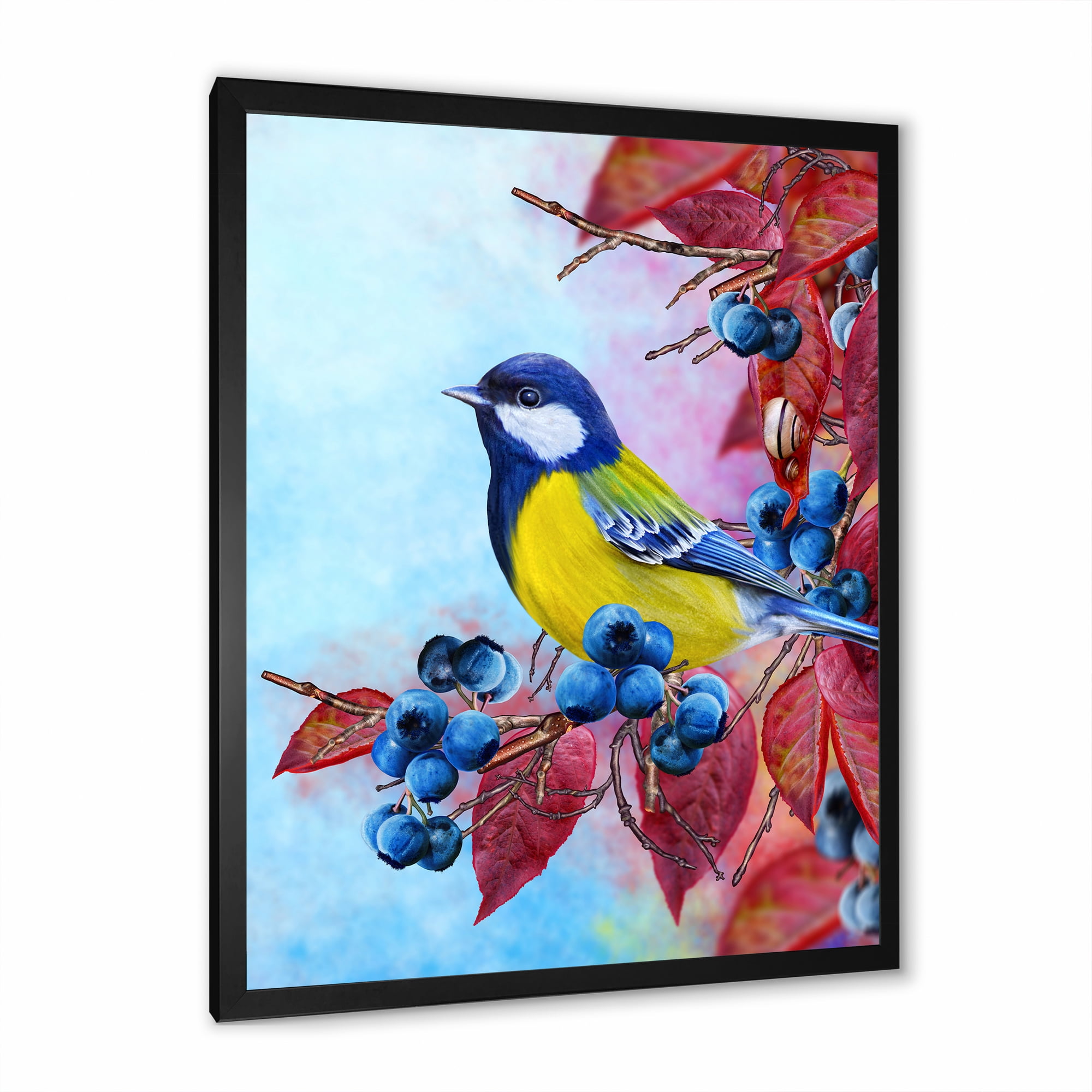 Designart 'Bright Bird Bullfinch Sitting On A Branch of Berries II' Traditional Framed Art Print