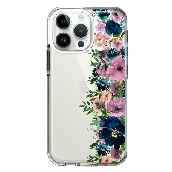 MUNDAZE Case for Apple iPhone 15 Pro Max Slim Hard Shell Soft TPU Hybrid Shockproof Heavy Duty Protective Phone Cover - Navy Blue Summer Watercolor Floral Classic Purple Flowers