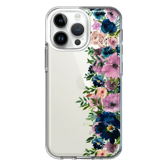 MUNDAZE Étui pour Apple iPhone 15 Pro Max Étui Rigide Mince Hybride TPU Souple Antichoc Protection Robuste - Bleu Marine Été Aquarelle Fleurs Classiques Violettes