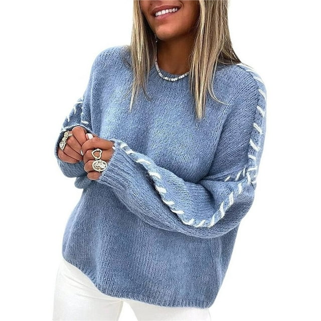 Suéteres de Gran Tamaño para Mujer, Suéter de Cuello Redondo con Costuras en Contraste, Suéter de Punto , Suéteres. Azul S