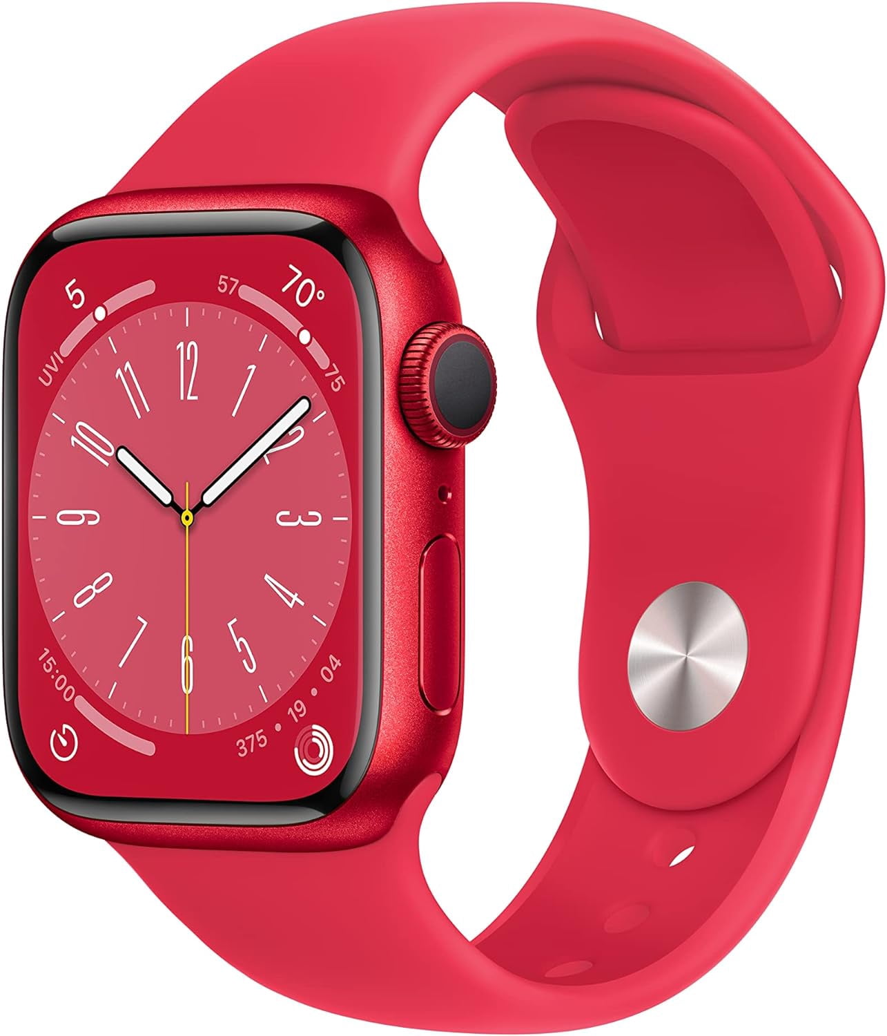 Restored Apple Watch Series 8 (GPS, 41 mm) Red Aluminum Case with Red Sport Band Bundle 5 Bonus Bands, Charging Stand, Screen Protector, & 2 amp charger (Refurbished)