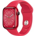 thumbnail image 2 of Restored Apple Watch Series 8 (GPS + Cellular, 45 mm) Red Aluminum Case with Red Sport Band Bundle 5 Bonus Bands, Charging Stand, Screen Protector, & 2 amp charger (Refurbished), 2 of 14