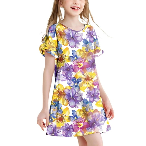 Pounoo New Dresses For Girls Trendy Print Short Sleeve Casual Dresses Round Neck Knee Length Dress Breathable Kids Dresses Girls 4-16