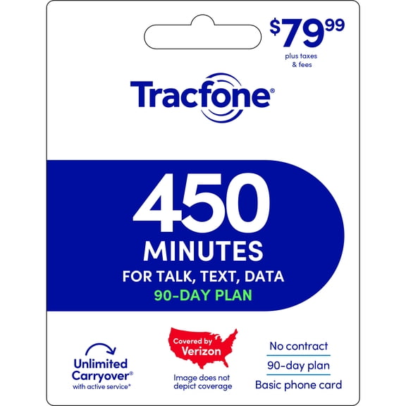 Tracfone $79.99 Basic Phone 450 minutes 90-Day Prepaid Plan e-PIN Top Up (Email Delivery)