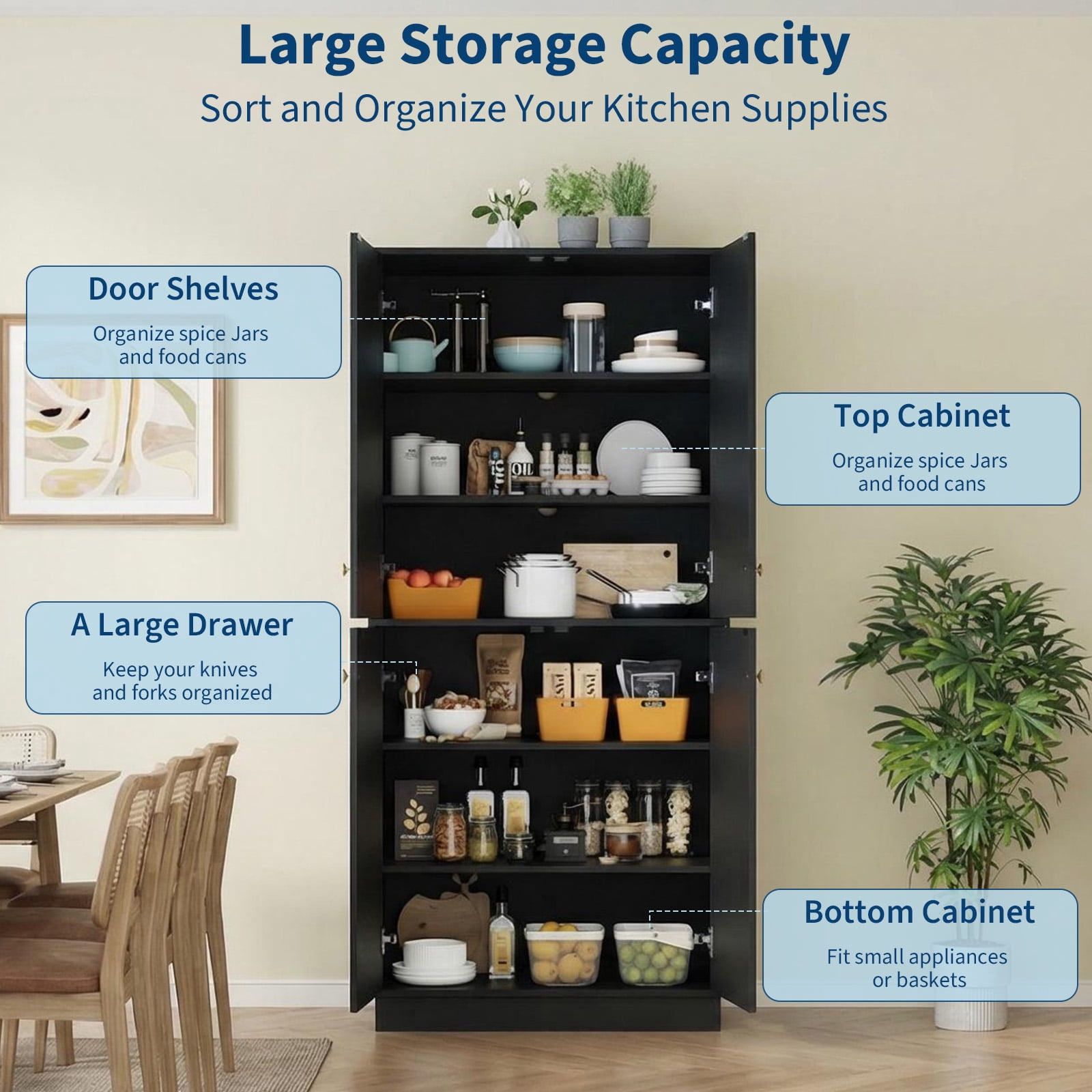 Garvee 67.3" Tall Pantry Cabinet, 4-Door Kitchen Food Storage Cabinet with Adjustable Shelves, Freestanding Pantry Cupboard Organizer for Dining Room, Living Room, Utility Room, Black