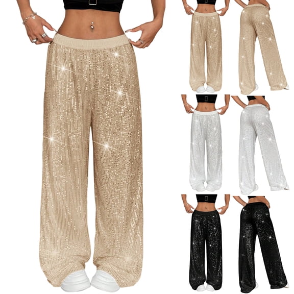 WULMLEO Women Sparkly Sequin Wide Leg Pants Shiny Elastic Low Rise Drawstring Palazzo Pant Glitter Baggy Party Long Trouser Beige S