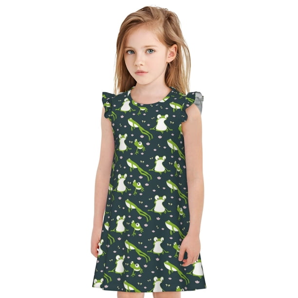 Fotbe Green Frogs Vestido de Dormir para Niñas de 3 a 10 Años, Mangas Cortas, Estilo Princesa, Pijama Camisón con Mangas Voladas-Small