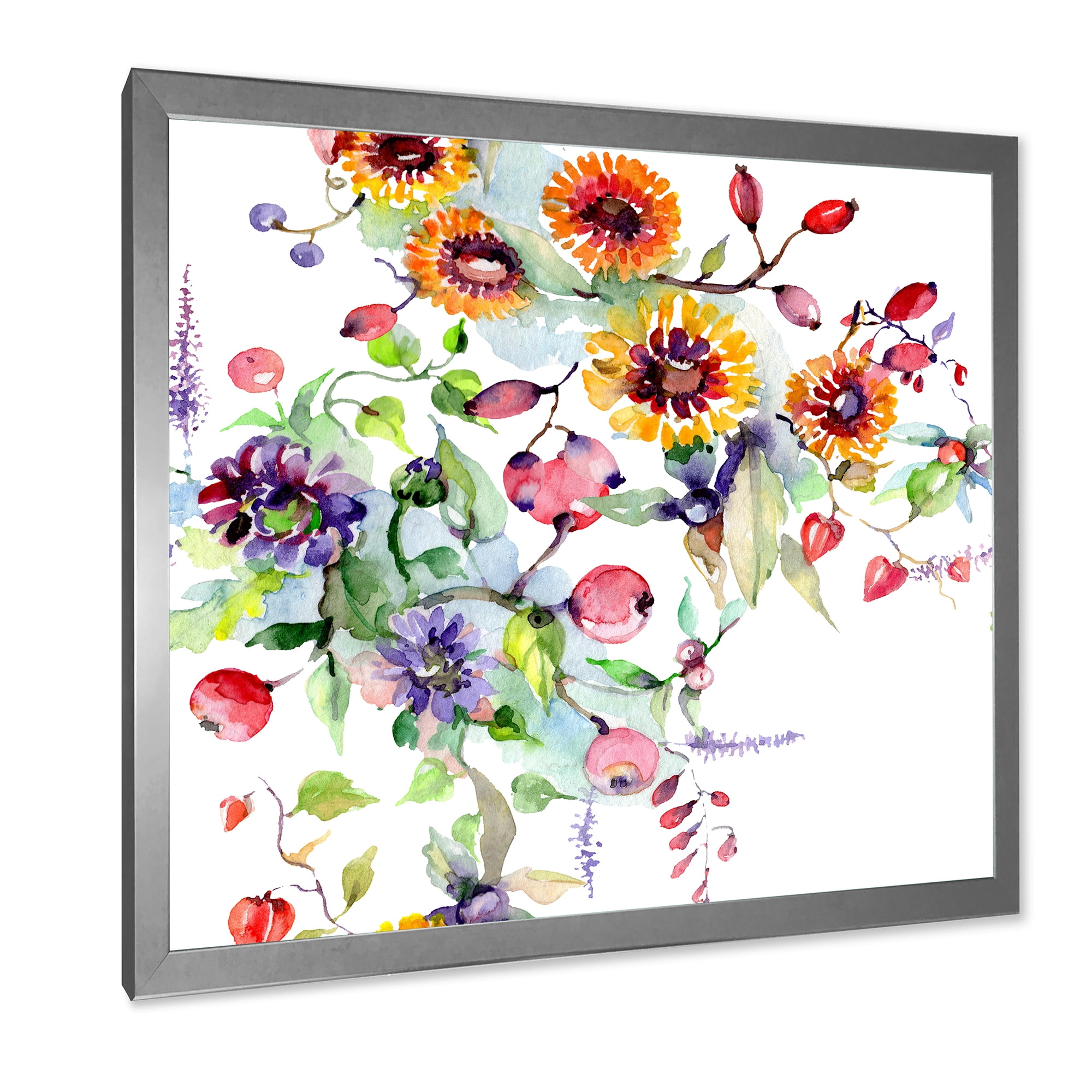 Wildflowers and Vibrant Wild Spring Leaves XI 36 in x 36 in Framed Painting Canvas Art Print, by Designart