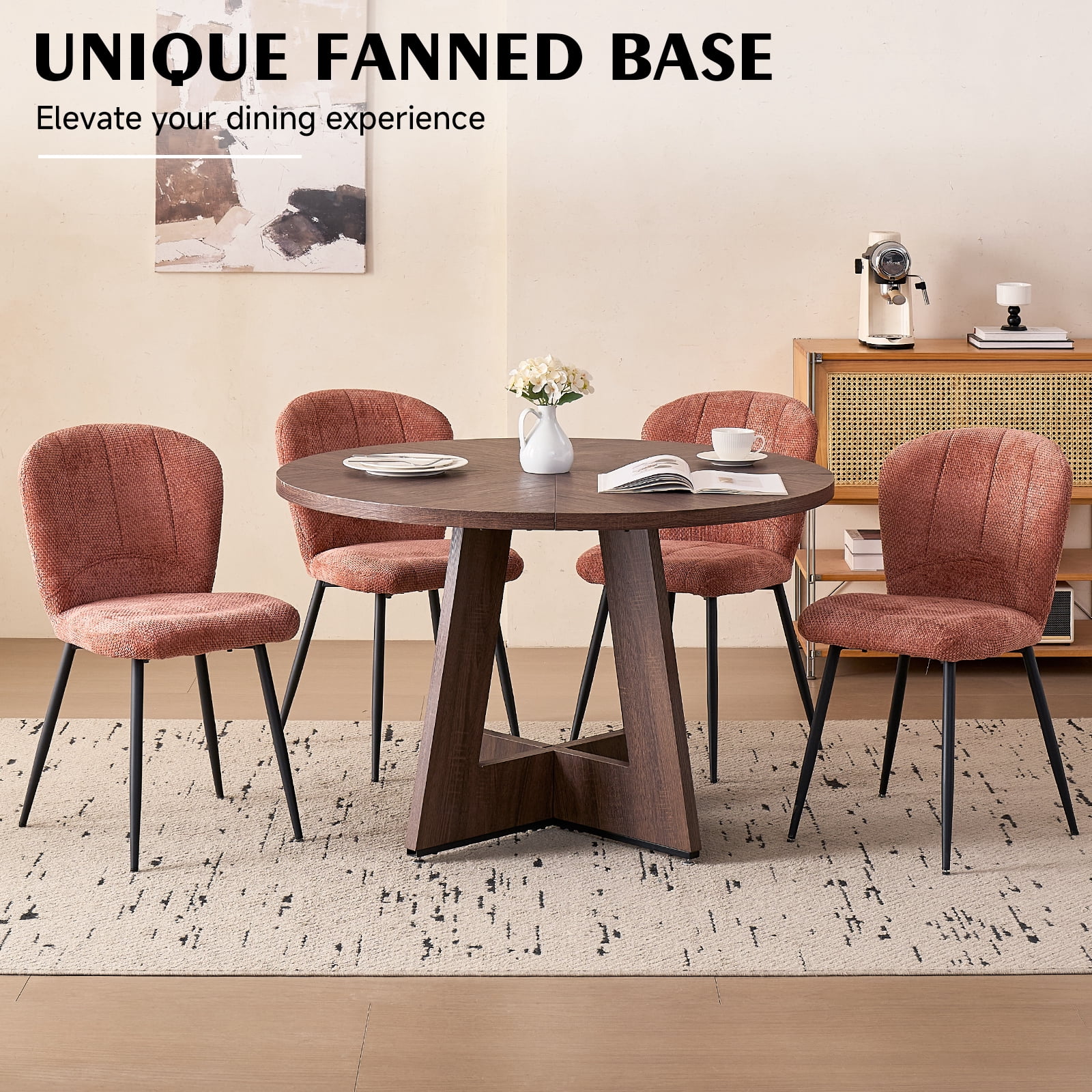 5 Piece 47" Round Dining Room Table Set for 4, [Fanned Base] [1.38" Thick Top] Wood Kitchen Table with 4 Orange Chenille Dining Chairs