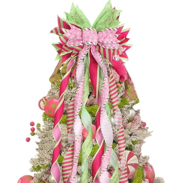 wonima02 Green and Pink Christmas Tree Topper Wreath Bow Large Christmas Bow Pink Tree Topper for Xmas Ornament Family Wedding Thanksgiving Indoor Outdoor Decoration 44.9 x 11.8 Inch