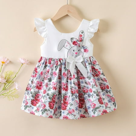 

Easter Baby Girl Sleeveless Princess Dress Cartoon Flower Rabbits Prints Kid Girls Outwear