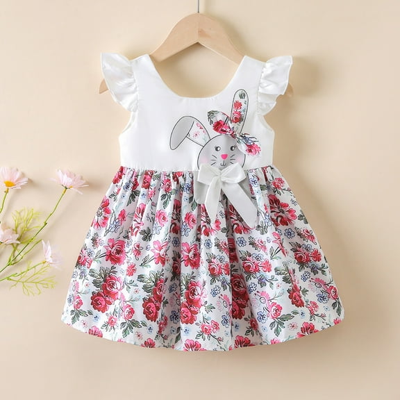 Mrzhqd Little Girl Easter Dress Size 18-24 Months Ruffle Cute Dresses Crew Neck Sleeveless Flower Rabbits Prints Outfit Summer Birthday Dress For Girls White