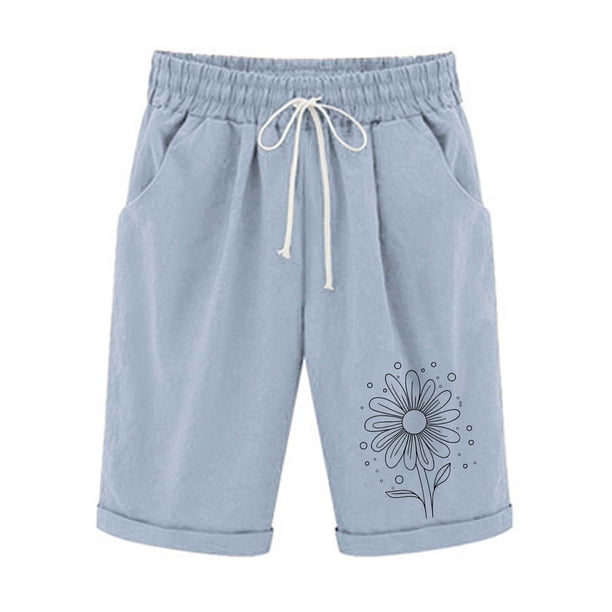 Pantalones Cortos de Verano para las Mujeres de Cintura Alta Estampado Elástico Cordón de Cintura, Casual Bolsillos Pantalones de Pijama