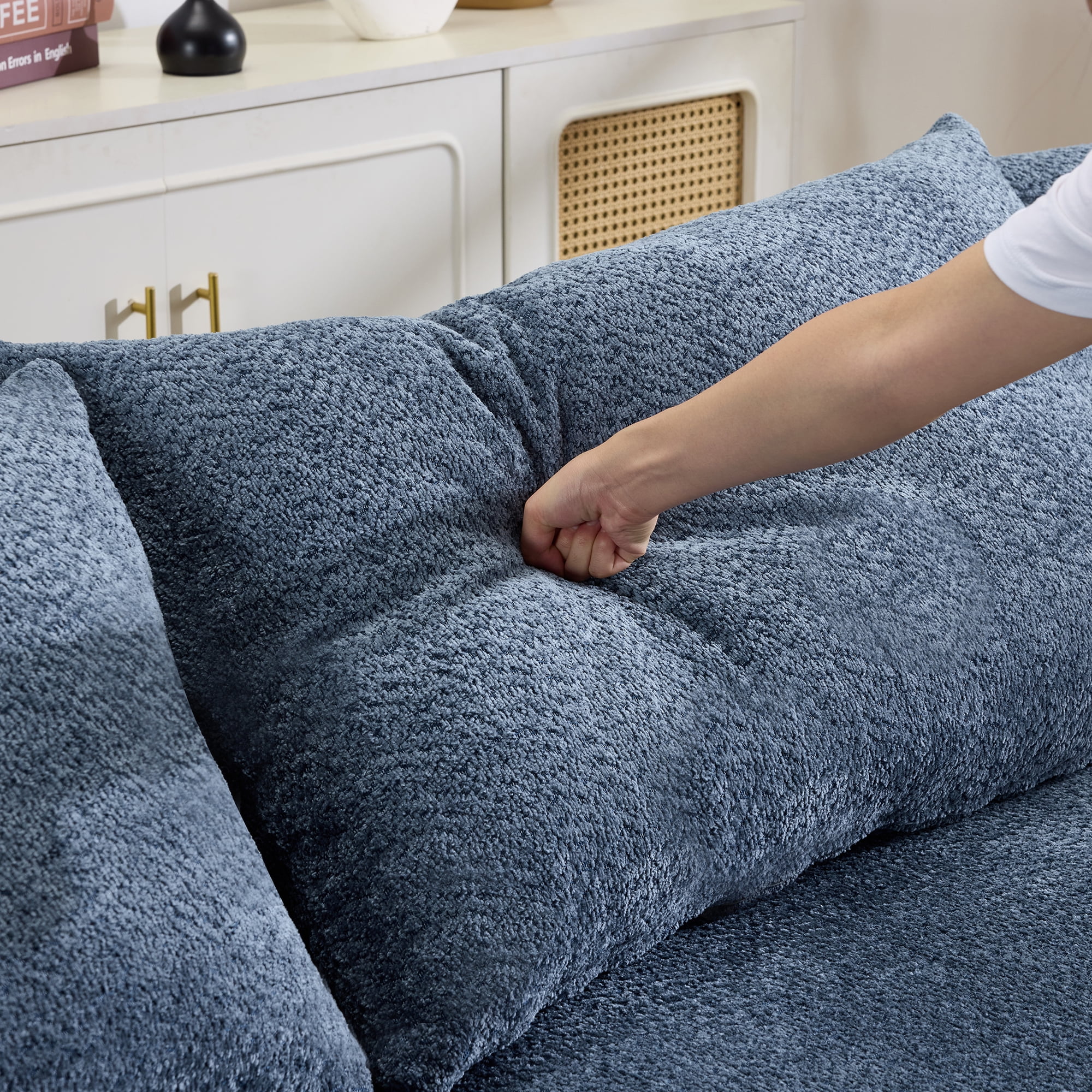 Curved Boneless Sofa, Modern Chenille Fabric Sectional Sofa with 3 Back and 4 Throw Pillows, High-Resilience Sponge Support and Ergonomic Design, 124.5 Inch Large Capacity Sofa for Living Room, Blue