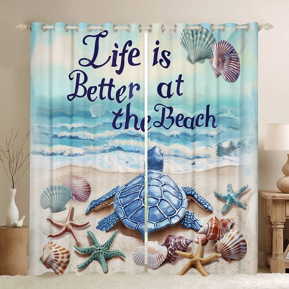 Erosebridal Marine Turtle Curtains for Living Room,Starfish Seashell 30%-50% Blackout Curtains Set of 2 (38x45),Summer Beach Decoration
