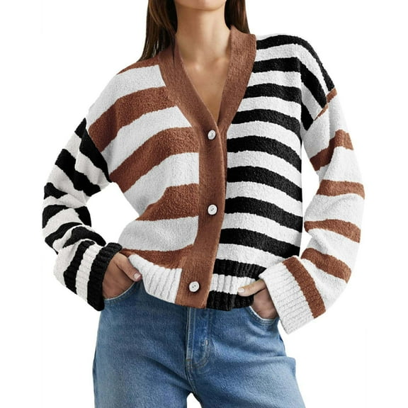 DondPO Cardigan Sweaters for Women Womens Striped Cardigan Sweaters V Neck Front Button Up Color Block Fuzzy Loose Knit Coats Sweaters for Women Womens Fall Fashion 2024 Brown L